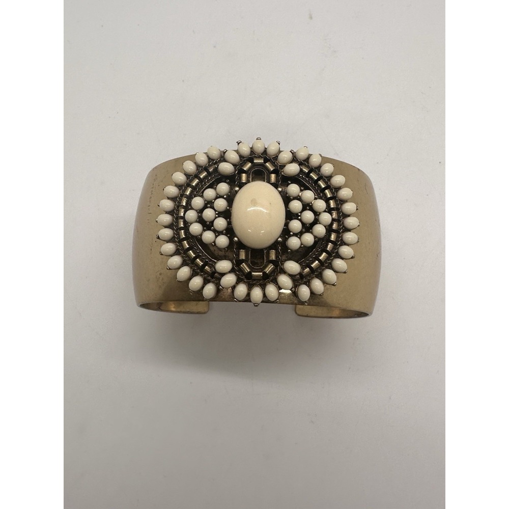 Rare Stella & Dot Statement Brass Cuff Bangle Bracelet Ivory Cabochons Medallion - Picture 2 of 4